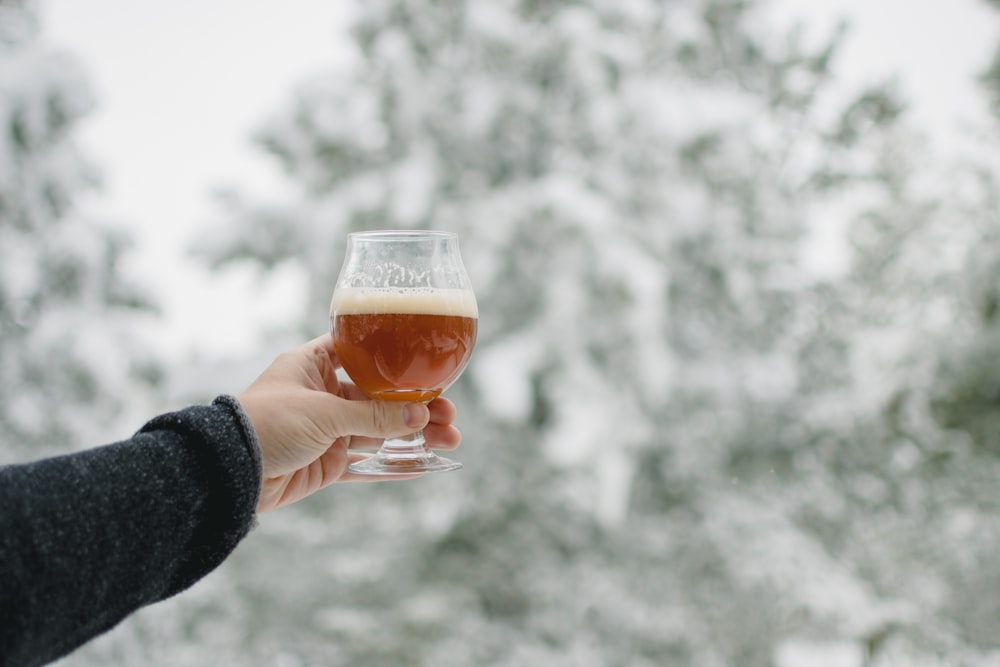 a person holding a glass of beer in their hand