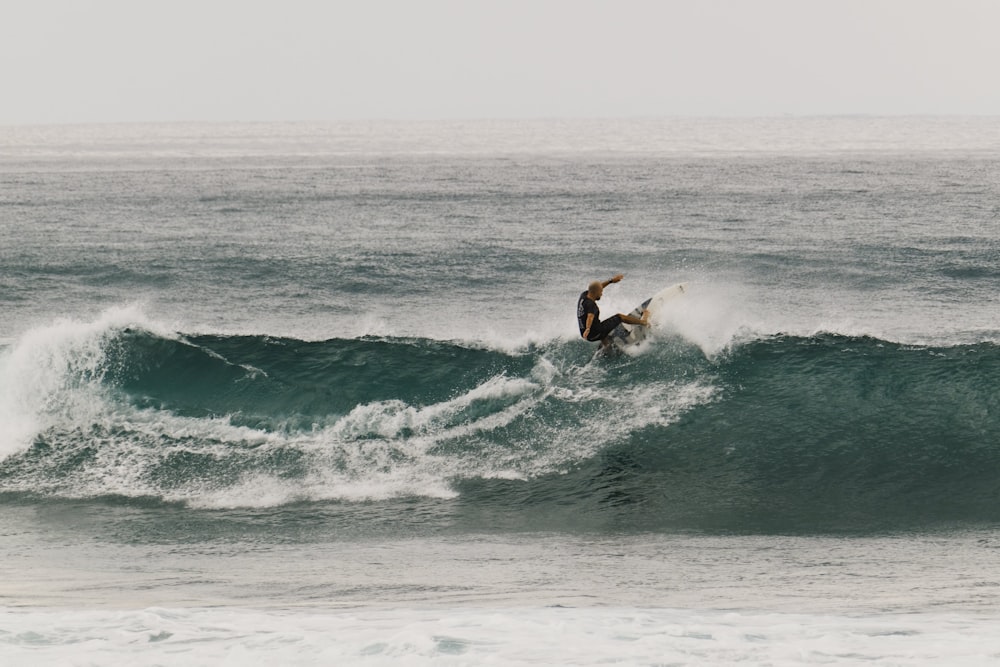 a man riding a wave on top of a surfboard