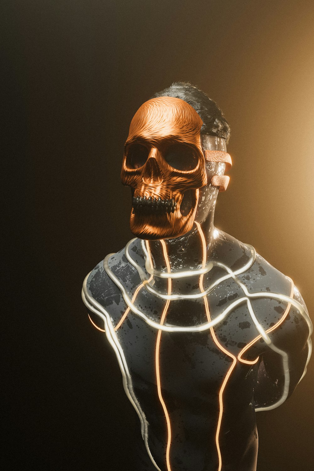a man with a skeleton head and a glowing light behind him