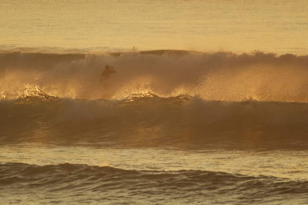 An experienced surfer riding a wave during sunset.