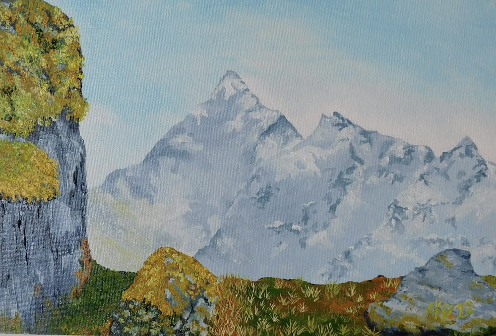 une peinture d’une chaîne de montagnes avec des arbres