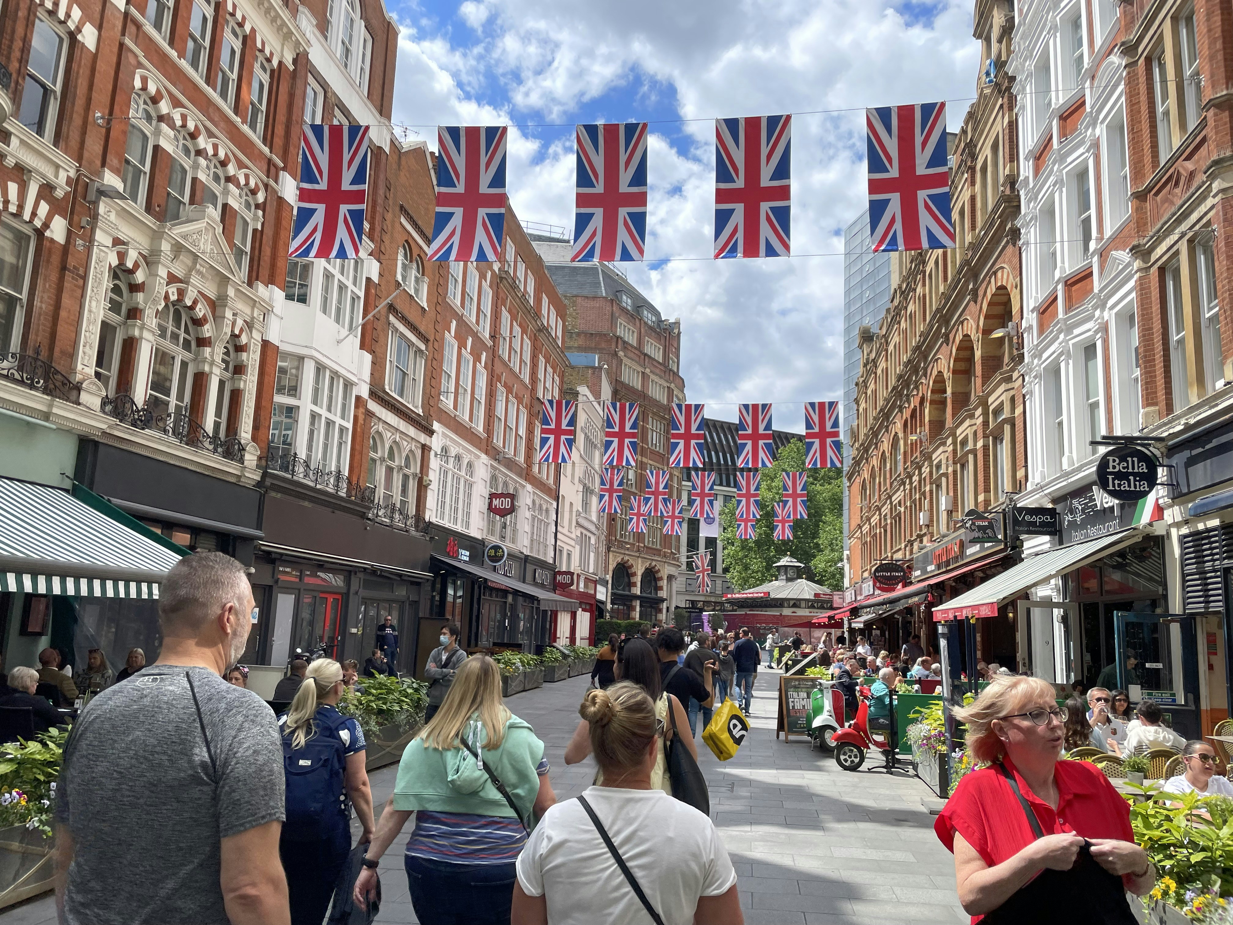 Entering the Jubilee decorated Leicester Square London from the south east corner