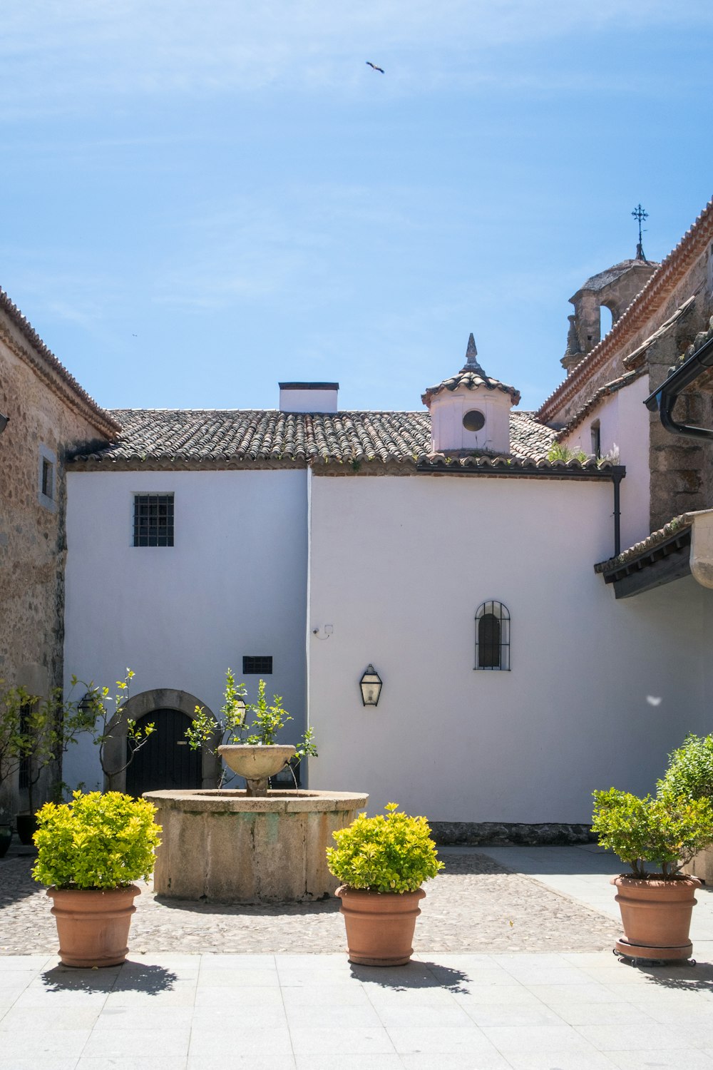 a courtyard with potted plants and a fountain