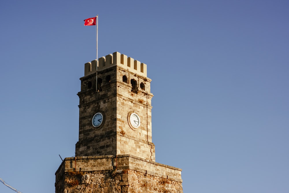 a clock tower with a flag on top of it