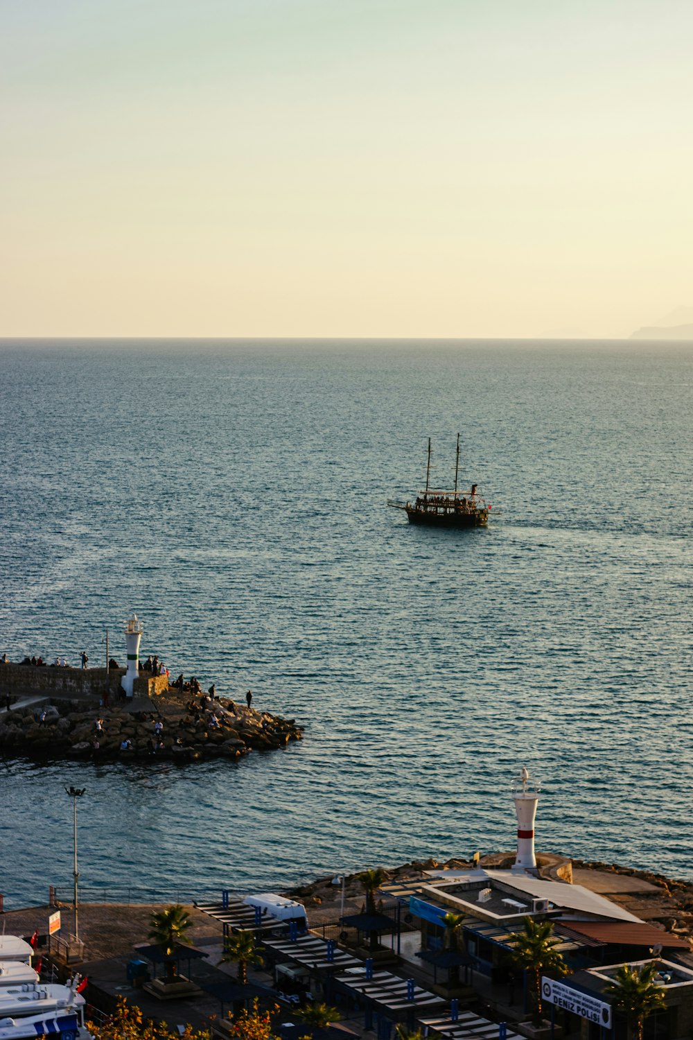 a boat is out in the open water