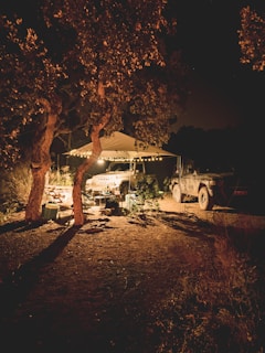 A nighttime camping scene with two vehicles parked under a canopy illuminated by string lights. The area is surrounded by trees, creating a cozy and secluded atmosphere. Various camping equipment and supplies are scattered around the site.