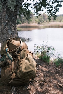 a backpack sitting on the ground next to a tree