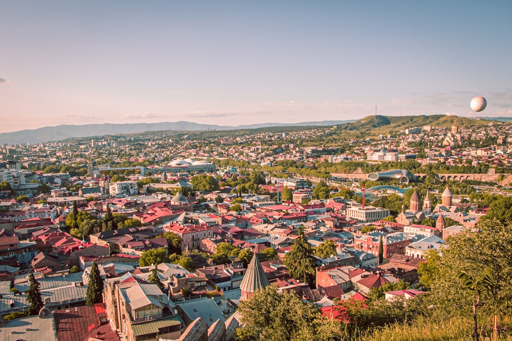 a view of a city with mountains in the background