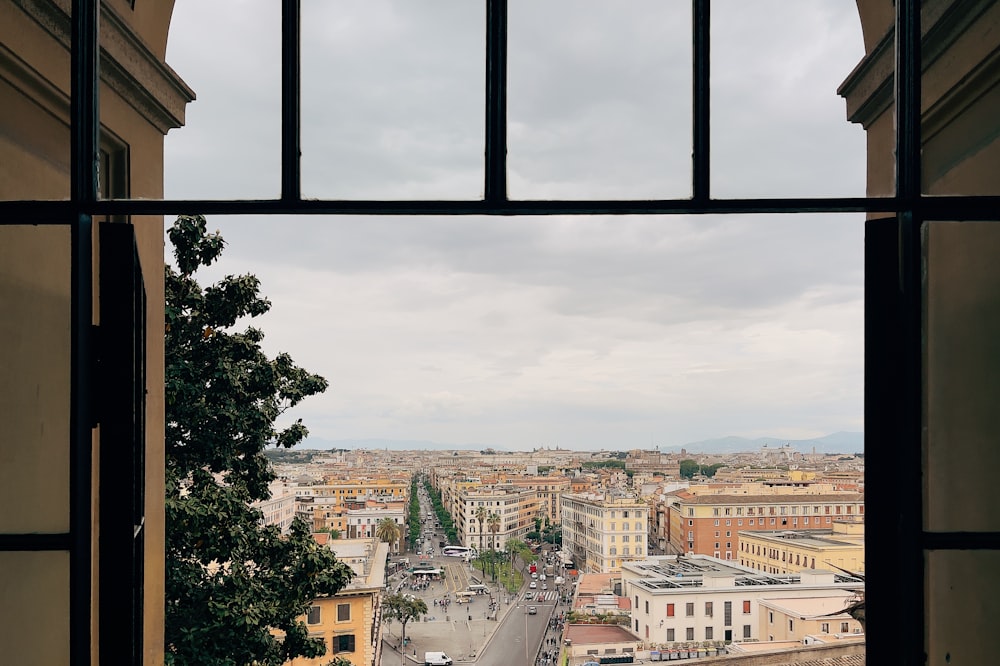 a view of a city through a window