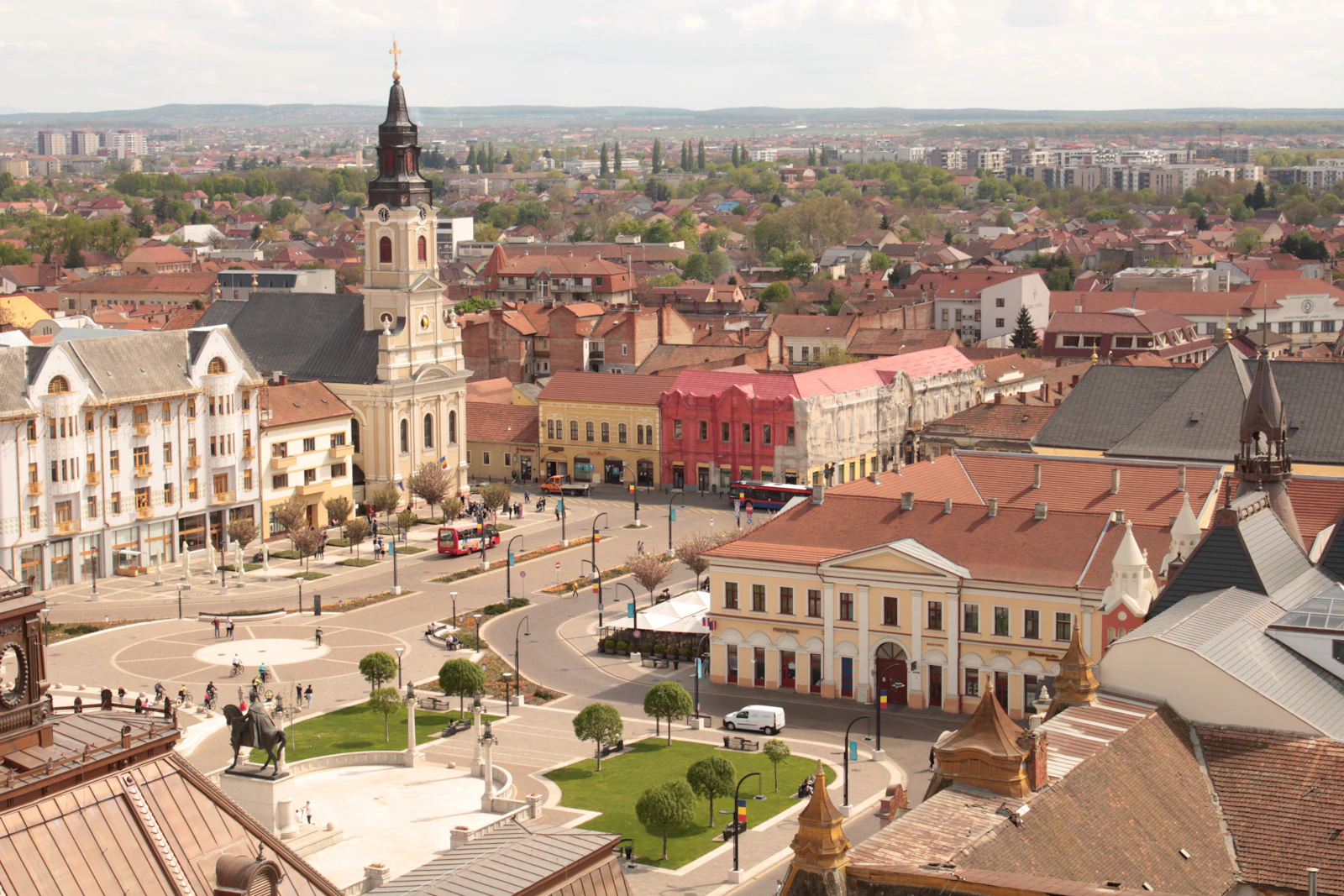Oradea’s Piața Unirii from above, with the Moon Church tower over the square