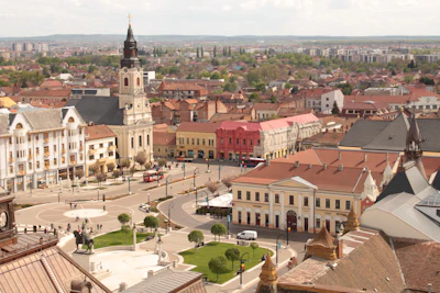 Oradea’s Piața Unirii from above, with the Moon Church tower over the square