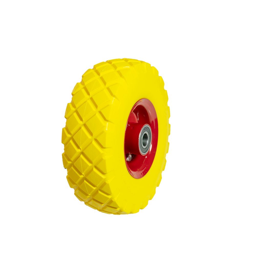 a yellow wheel with red spokes on a white background