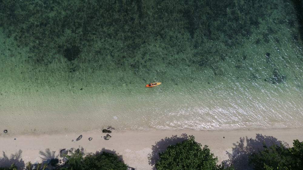 an aerial view of a beach with a kayak