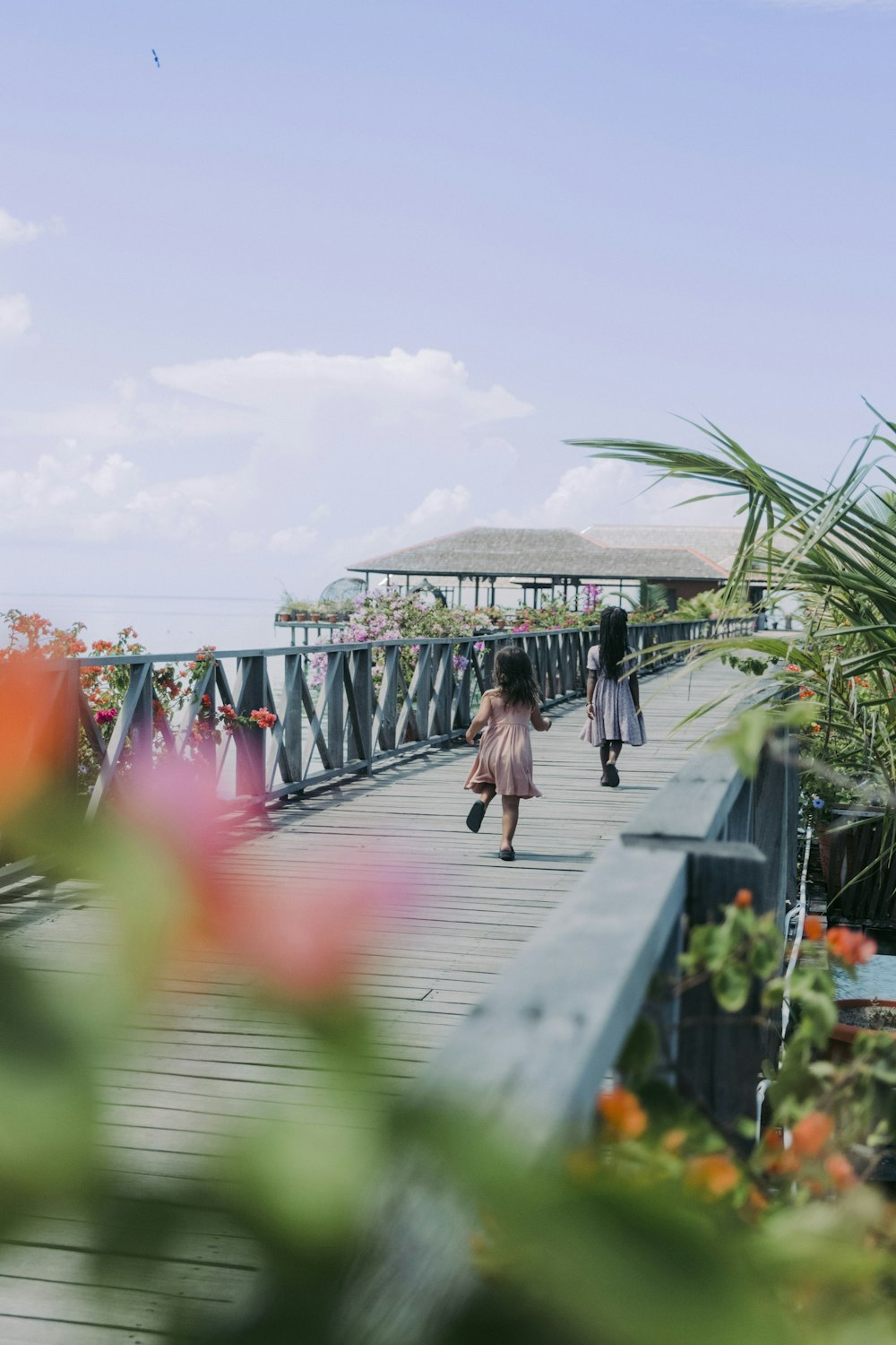 a couple of people walking across a bridge