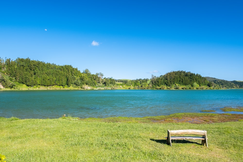 a wooden bench sitting on top of a lush green field