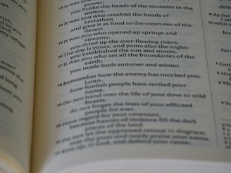A close-up view of an open book, revealing text passages with poetic and religious themes. The page features numbered verses and italicized text, suggesting it might be a page from a Bible or other religious text.
