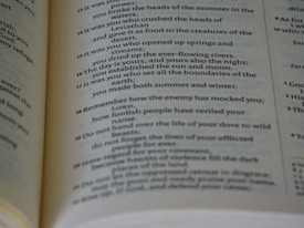 A close-up view of an open book, revealing text passages with poetic and religious themes. The page features numbered verses and italicized text, suggesting it might be a page from a Bible or other religious text.
