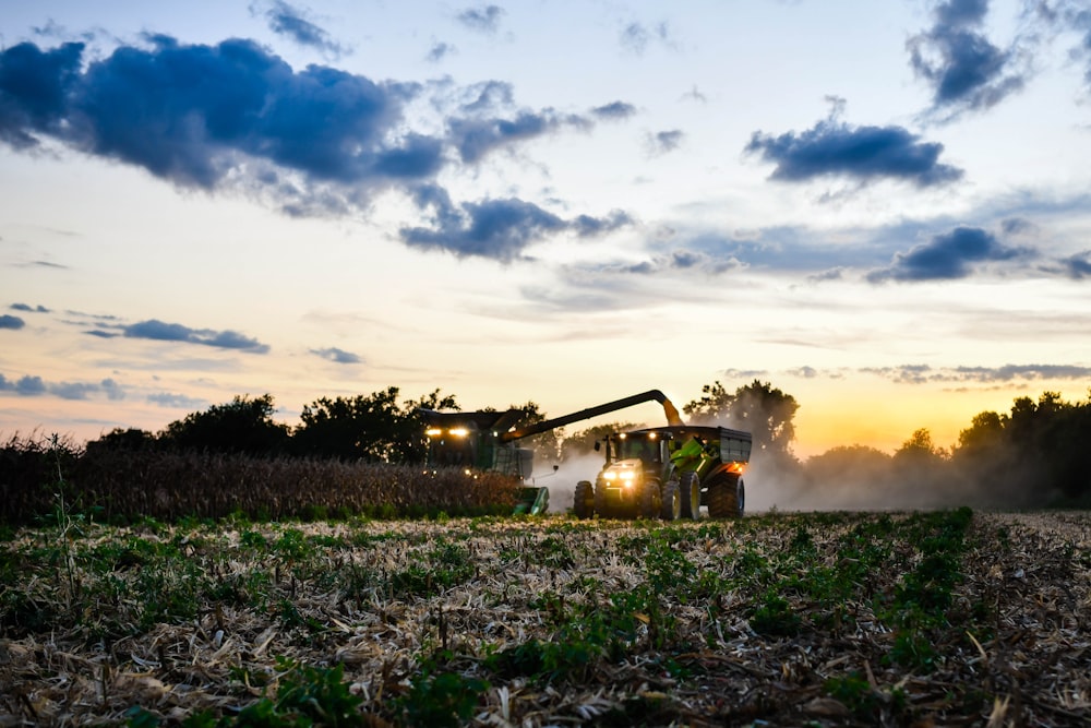 a tractor is driving through a corn field