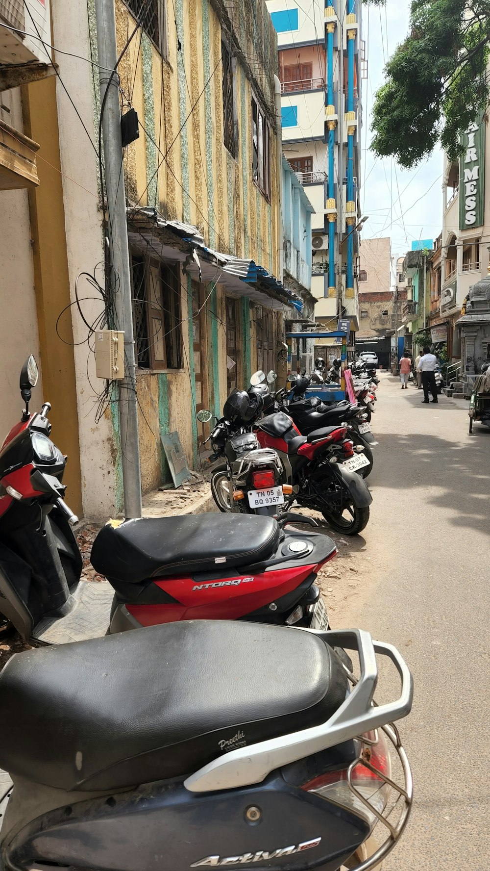 a motorcycle parked on the side of the street