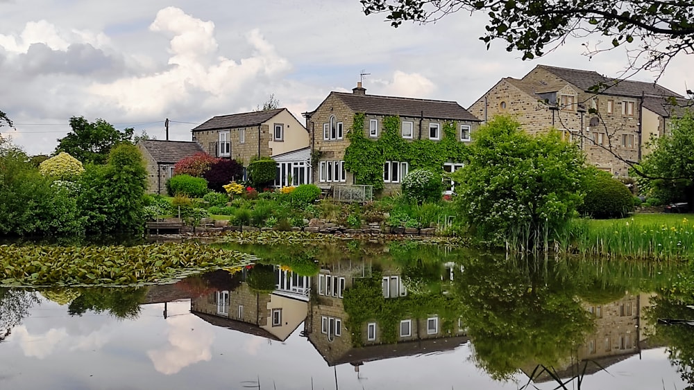 a house with a pond in front of it