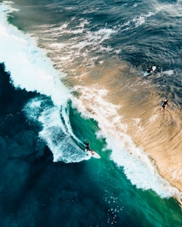 Aerial view of surfers riding waves. The ocean's vibrant blue and white frothy surf contrast with the golden sand of the shoreline. Three surfers can be seen, two near the shore waiting and one actively surfing a wave.