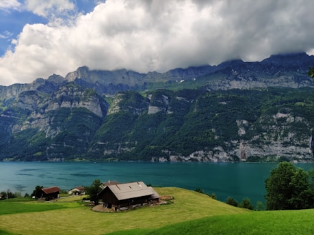 A picturesque view of a tranquil lake surrounded by lush greenery and mountains.