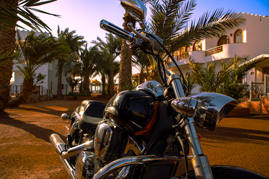 A shiny motorcycle is parked in front of a luxurious villa, surrounded by tall palm trees. The sunlight creates reflections on the chrome parts of the bike, and the setting gives a warm, tropical feel.