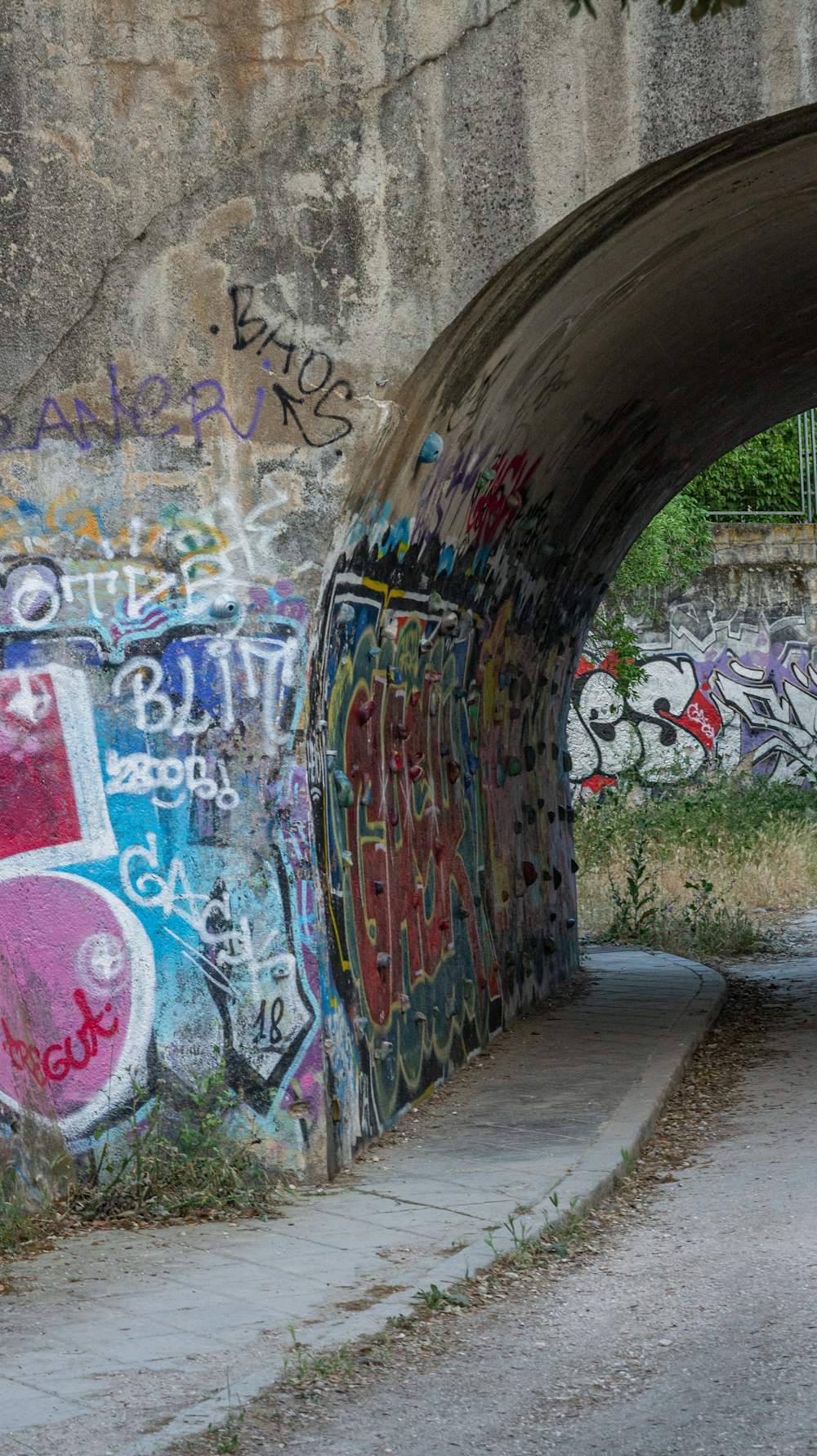a man riding a skateboard under a bridge covered in graffiti