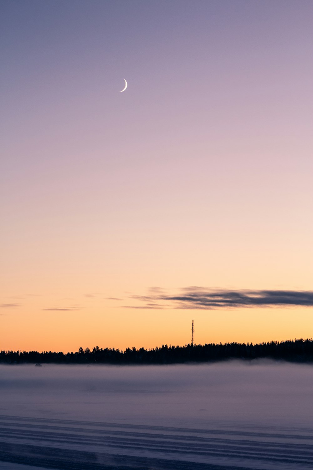 a view of a foggy landscape with a moon in the distance