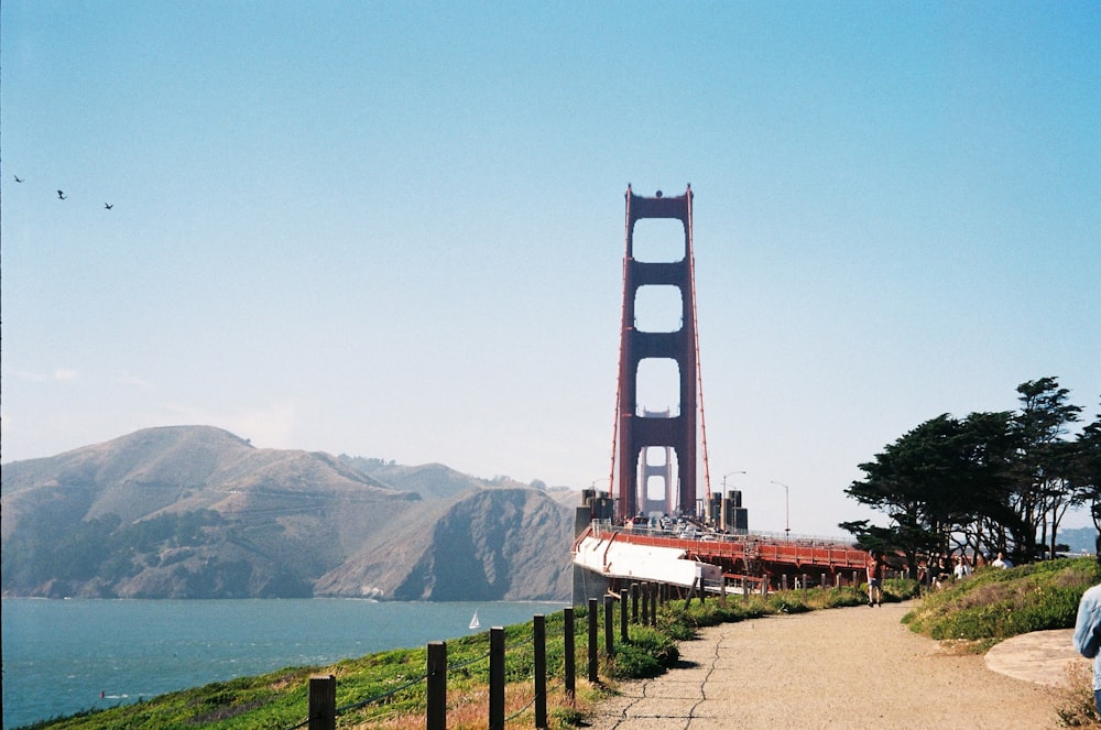 a person walking down a path near a bridge