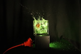 Mad scientist dunking a green powder packet into a beaker amid a yellow lightning explosion.