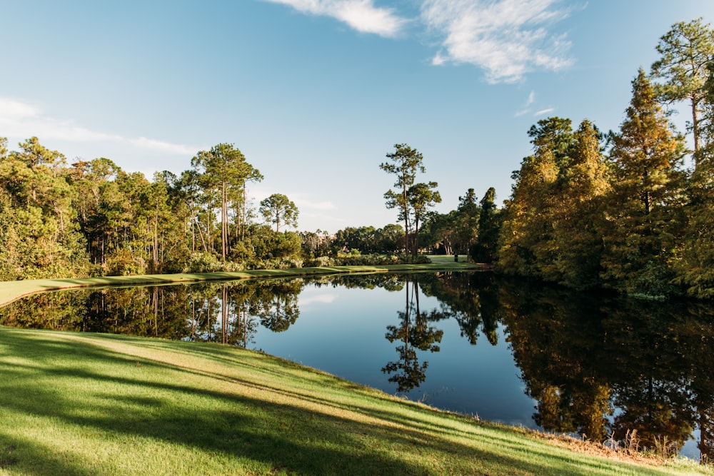 a golf course with a lake and trees in the background