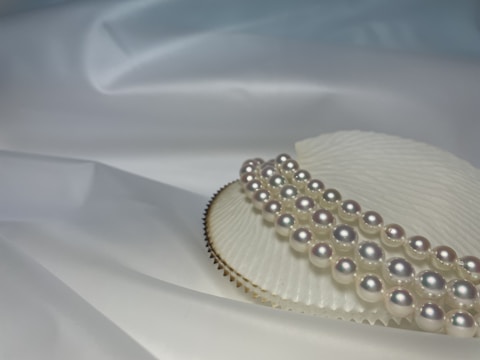 Close-up of a delicate pearl necklace resting on soft velvet.