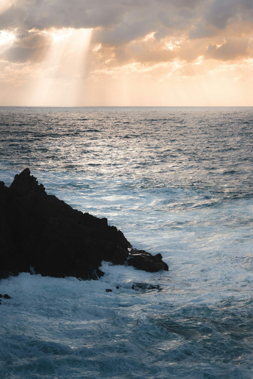 a large body of water near a rocky shore