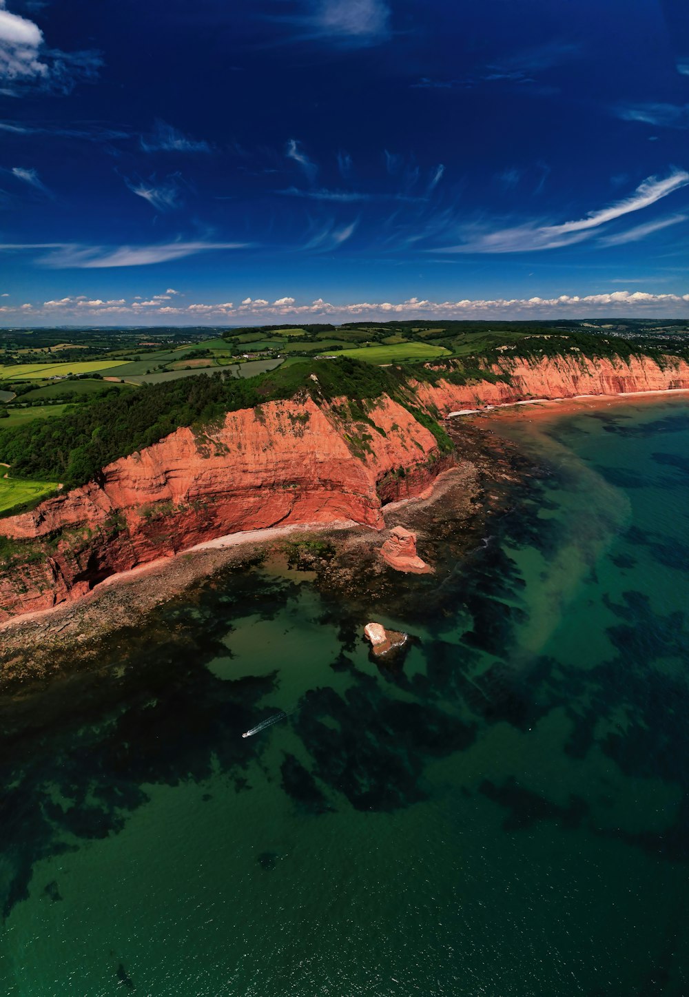 an aerial view of a beach and cliffs