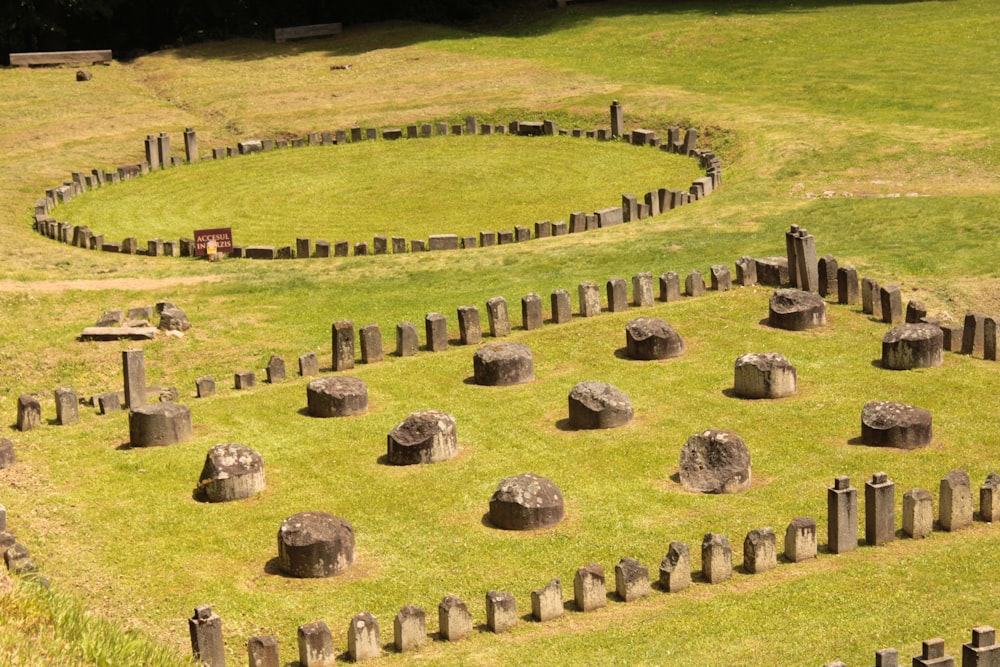 a circle of stones in the middle of a grassy field