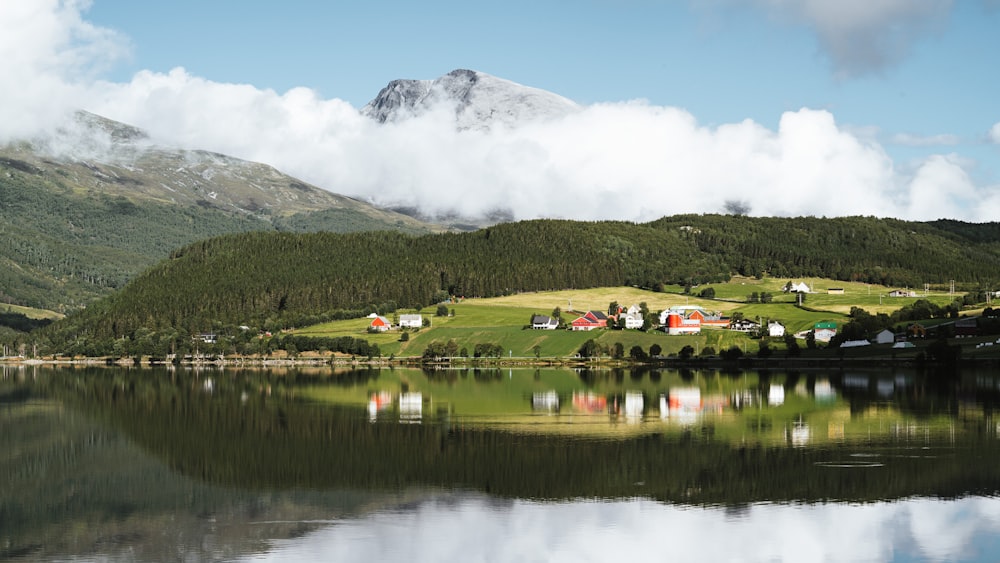 a lake with a mountain in the background