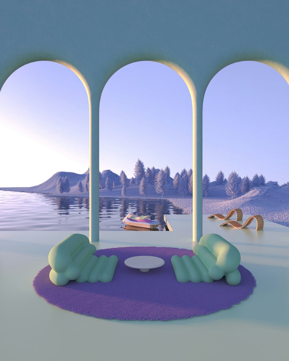 a computer generated image of a living room with a view of a lake