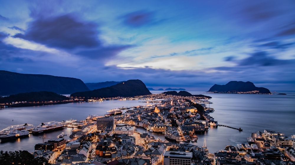 an aerial view of a city at night