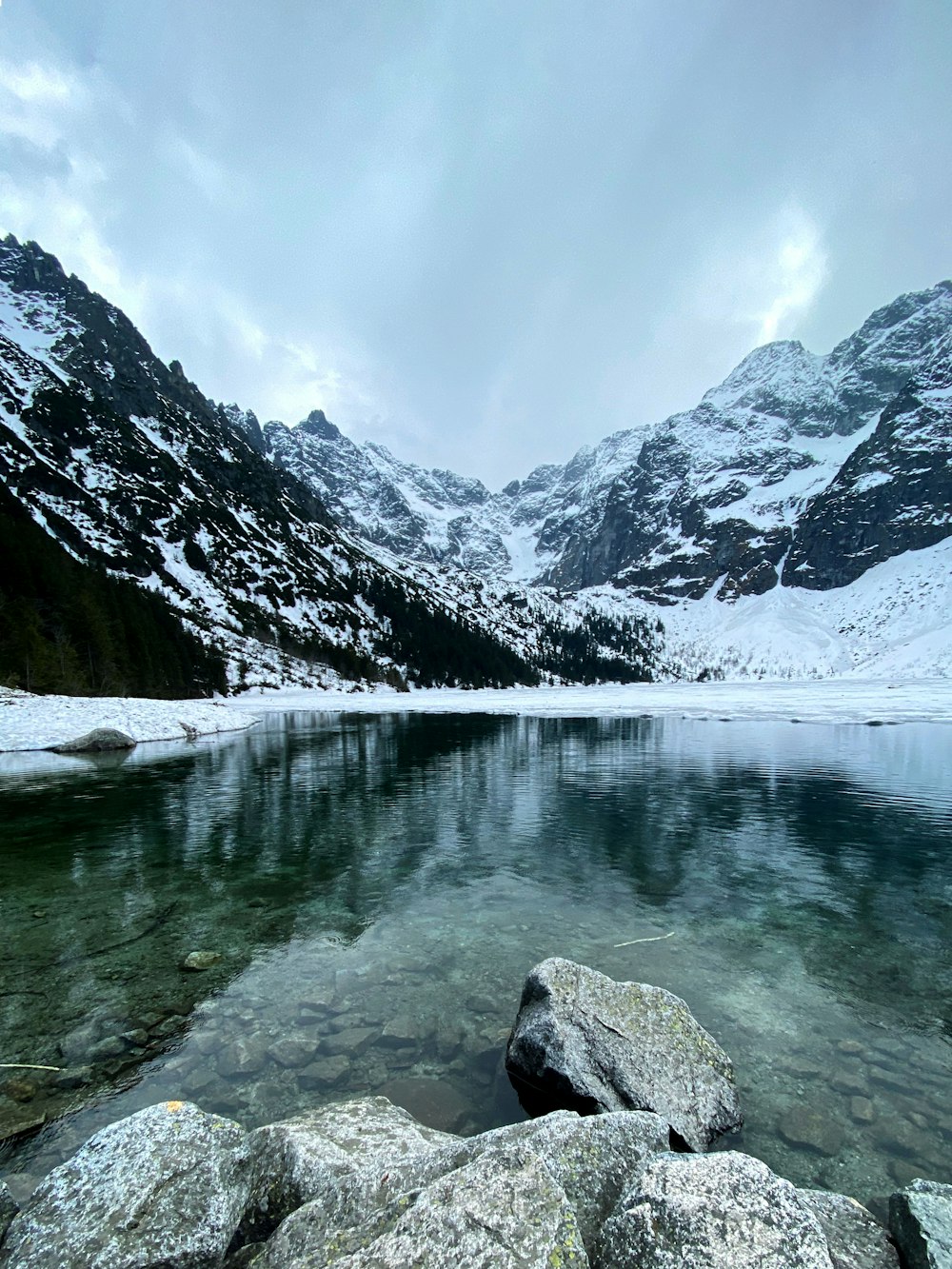 a body of water surrounded by snow covered mountains