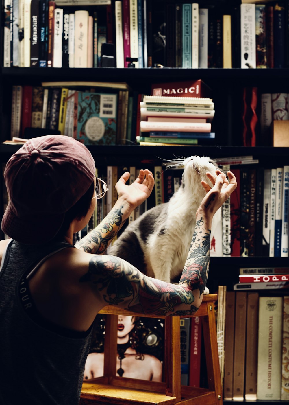 a person with a cat in a chair in front of a bookshelf