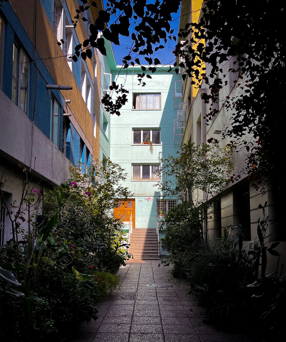 a narrow alley way between two multi - story buildings