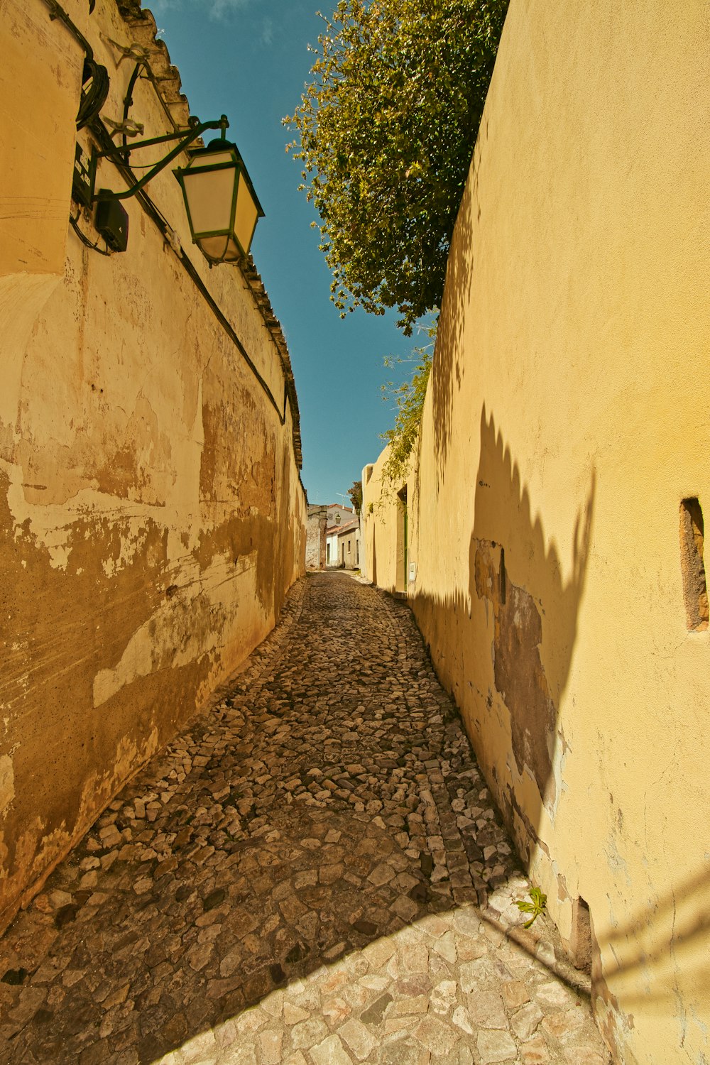 a cobblestone street with a lamp post on the side