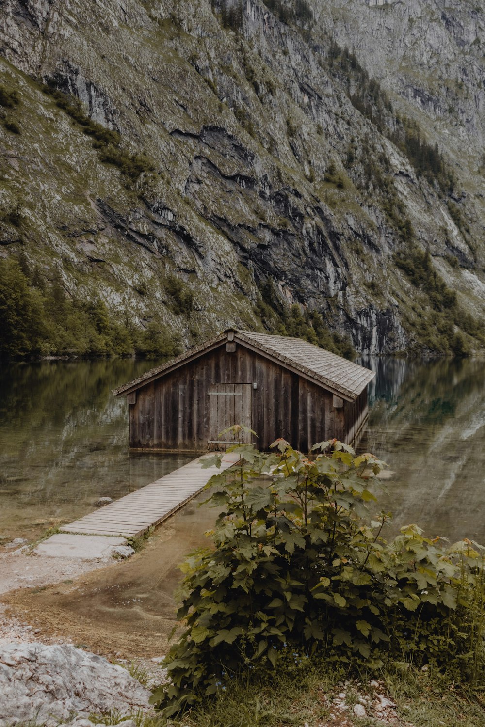 a wooden cabin sitting in the middle of a body of water