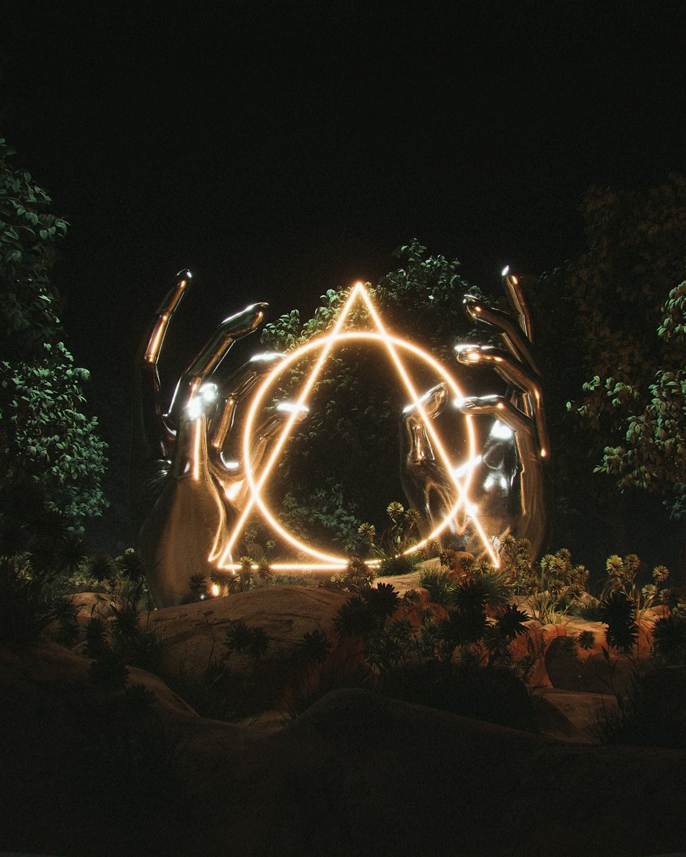 a light show in the middle of a forest