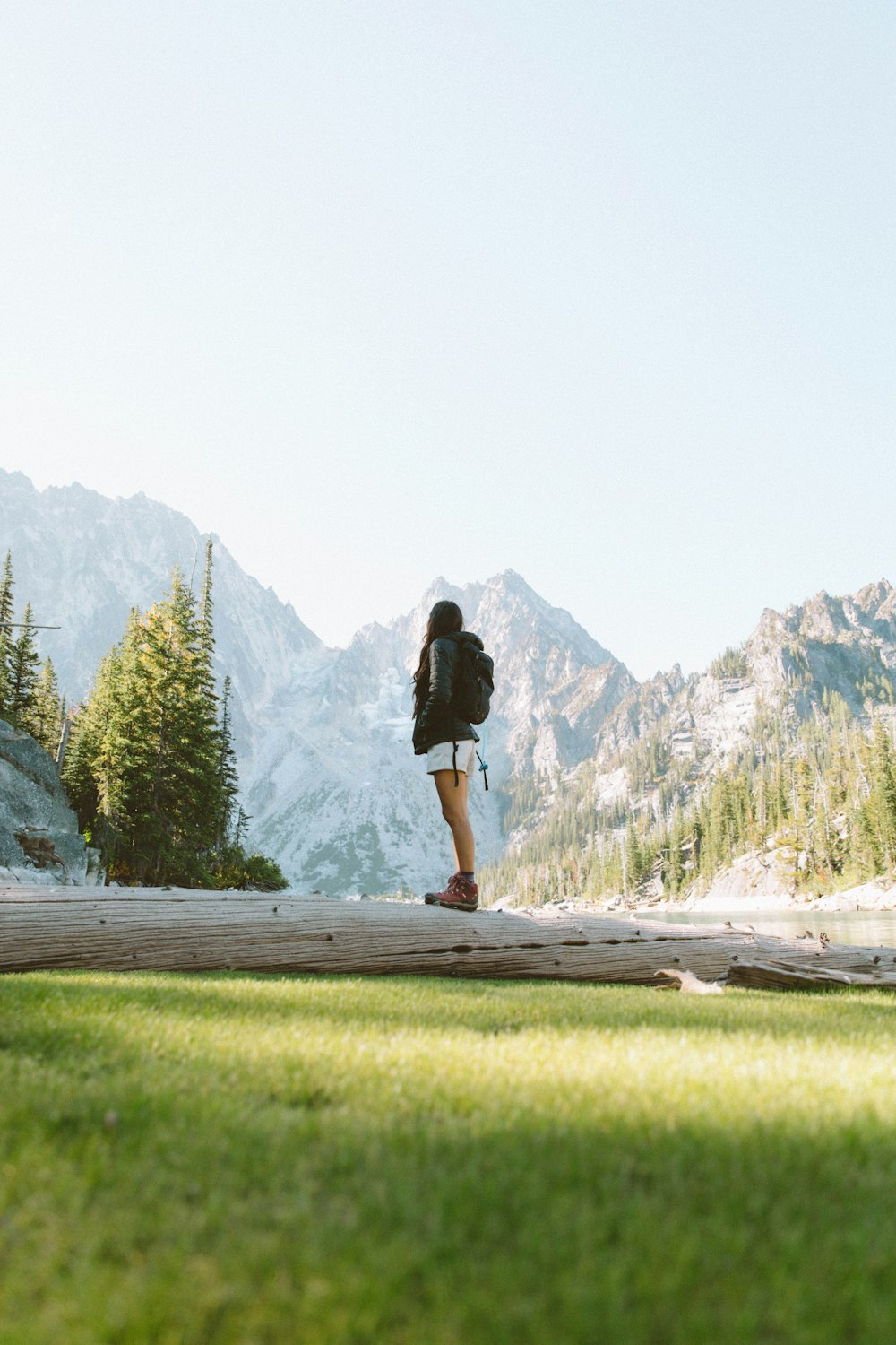 a person with a backpack standing in the grass