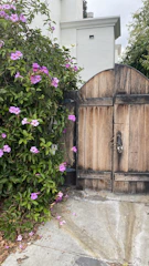 A vibrant garden entrance framed by blooming flowers and a rustic wooden gate.