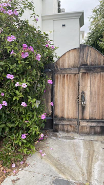 A vibrant garden entrance framed by blooming flowers and a rustic wooden gate.