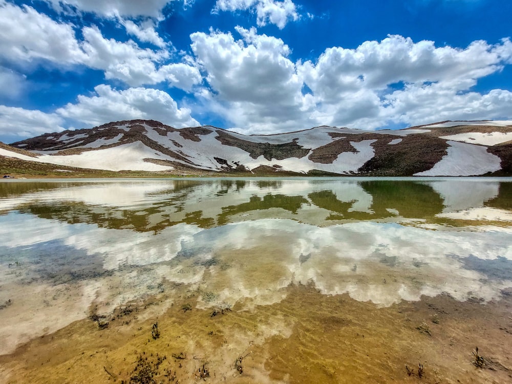 a lake surrounded by snow covered mountains under a blue sky