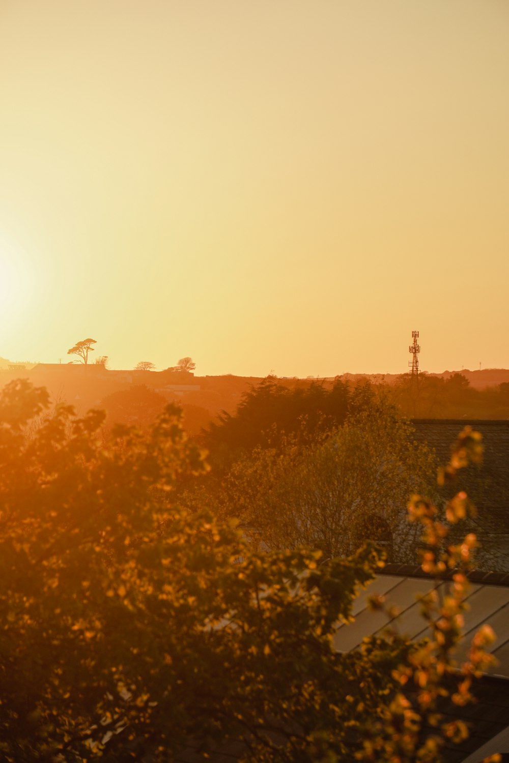 the sun is setting over a field with a windmill in the distance